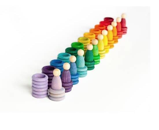 Petits personnages, anneaux et pièces en bois colorés - 120 Morceaux - Grapat