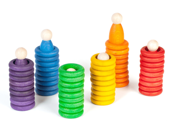 Petits personnages, anneaux et pièces en bois colorés - 48 Morceaux - Grapat